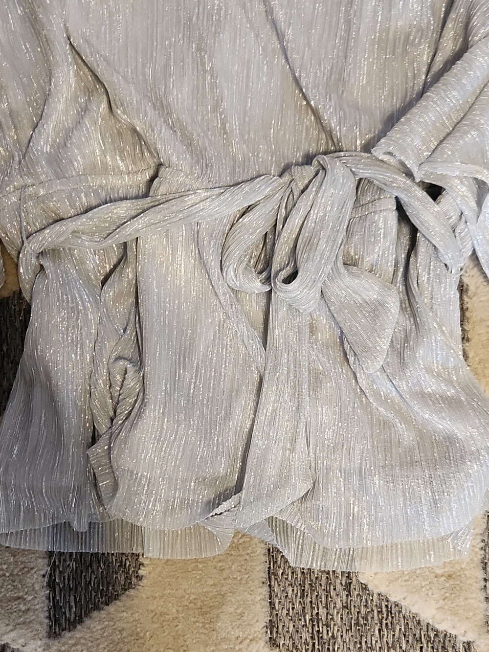 Chaus Light Silver Blue Metallic Pleated Wrap Blouse with Tie - Picture 3 of 6